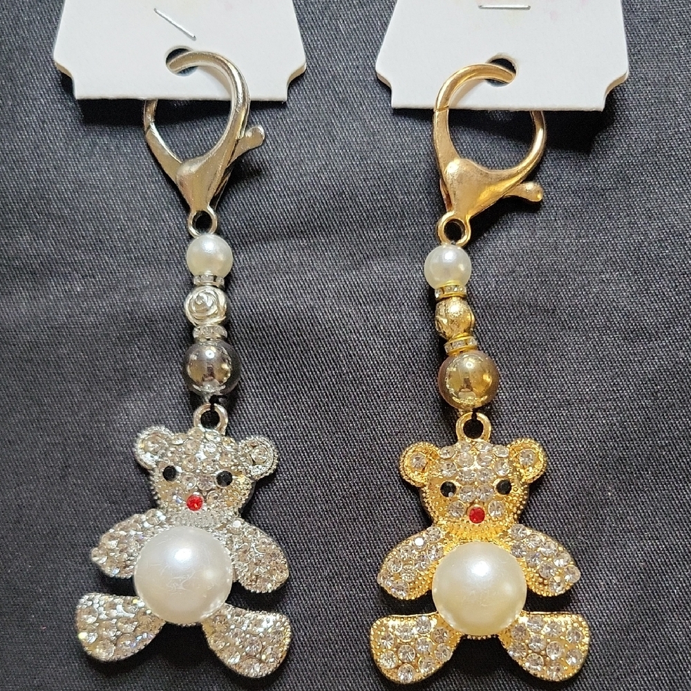 Gold Or Silver Rhinestone Teddy Bear With Pearl Center Keychains/ Bag Charm NWT